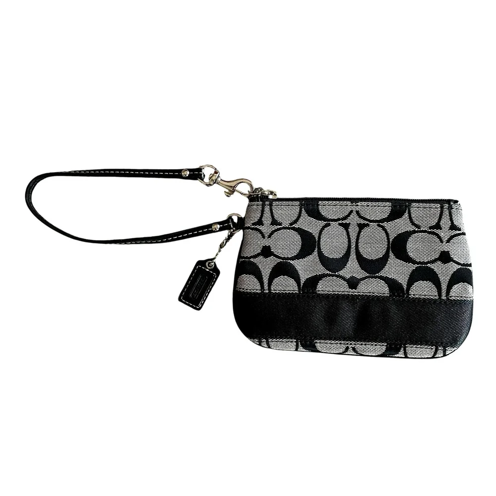 COACH Black Gray Signature Jacquard Stripe Leather Trim Wristlet Top Zip Bag Tag